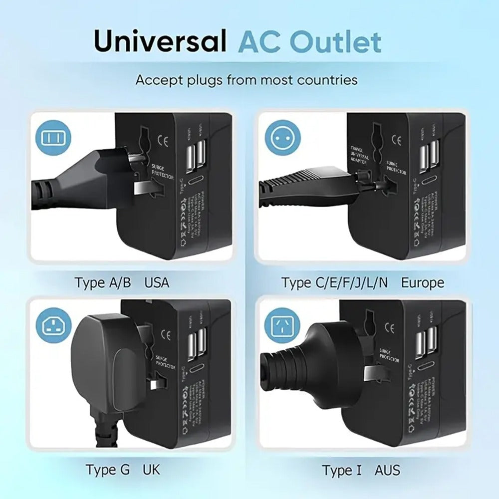 Universal Travel Adapter with Surge Protection - 2 USB & Type-C Ports, All-in-One International Plug for 350+ Countries, 100-240V Input, Fast Charging, Compact Lightweight Design, White & Black