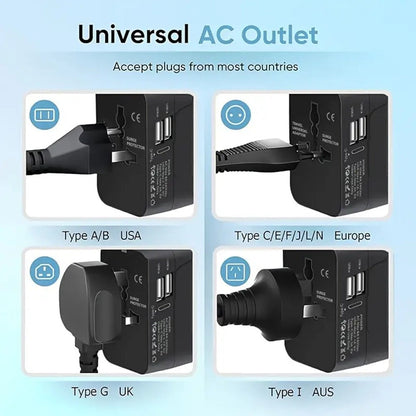 Universal Travel Adapter with Surge Protection - 2 USB & Type-C Ports, All-in-One International Plug for 350+ Countries, 100-240V Input, Fast Charging, Compact Lightweight Design, White & Black