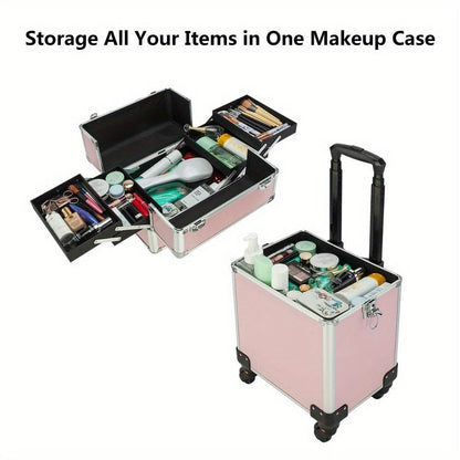 Makeup Train Case Rolling 4-in-1 Aluminum Lockable Trolley with 4 Removable Wheels Collapsible Trays DIY Compartments Telescopic Rod Cosmetic Organizer for Makeup Artists Salon Travel Black Pink Rhinestone
