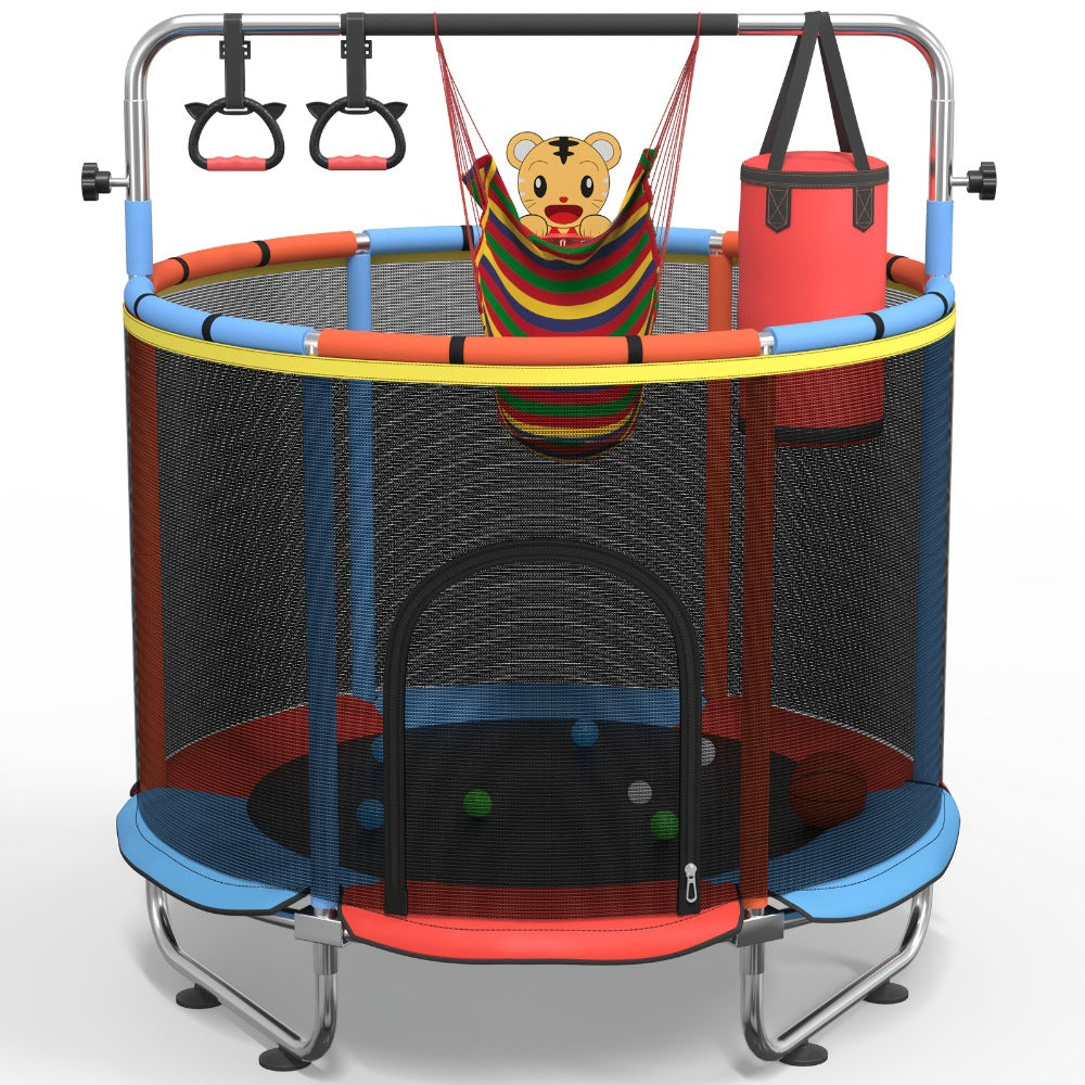 Kids Trampoline with Enclosure and Gymnastics Bar – 60" Height Adjustable Safety Net Trampoline for Toddlers Ages 3+, Indoor Outdoor Active Play with Toys Included | Best Birthday Gift