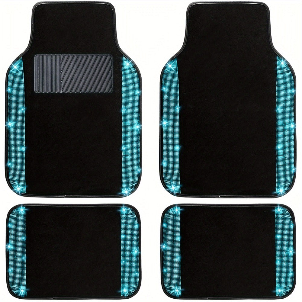 Bling Car Floor Mats Full Set – Rhinestone Sparkle Glitter Diamond Carpet, Universal Fit Cars SUV Trucks, 4pcs Anti-Slip Pad, Cute Car Accessories for Women & Girls