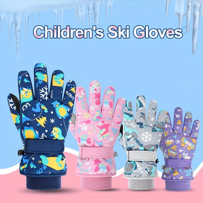 Kids Ski Gloves Winter Plus Velvet Warm – Boys & Girls Snow Play Gloves Ages 4-13, Windproof Polyester with Plush Lining, Sizes M (7-9Y) & L (9-13Y), Navy Blue, Black & Pink