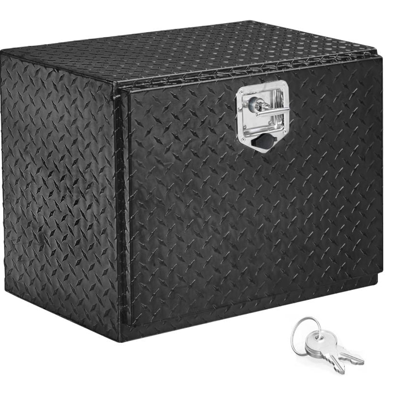 Aluminum truck toolbox with T-shaped handle lock and key, made of aluminum alloy, suitable for storage and organization of trailers, pickups, truck beds, four-wheel drive vehicles, all-terrain vehicles and campers. Black version.