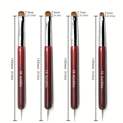 Acrylic Nail Art Brushes Set 4pcs with Dotting Pens - Red Wood Handle Precision Tips #10 #12 #14 #16 for French Manicure Nail Sculpting Cuticle Care Home Salon Women