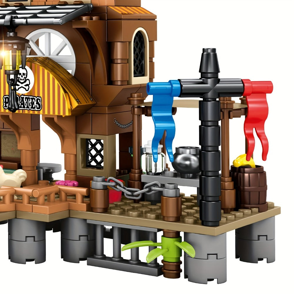 Pirate Ship Building Blocks Set 573 Pieces – Pirate's Wharf Supply Center Brick Toy, LEGO-Compatible Adventure Build for Kids & Adults, Birthday Gift for Boys Who Love Pirates & Ships