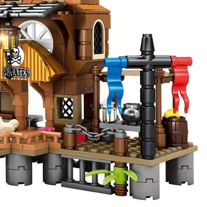 Pirate Ship Building Blocks Set 573 Pieces – Pirate's Wharf Supply Center Brick Toy, LEGO-Compatible Adventure Build for Kids & Adults, Birthday Gift for Boys Who Love Pirates & Ships
