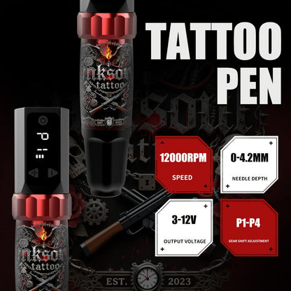 INKSOUL Wireless Tattoo Machine Kit TM-94 1500mAh Power Supply 10 Needles 7 Ink Bottles Mixing Cups Transfer Paper Complete Tattoo Supplies for Beginners & Masters