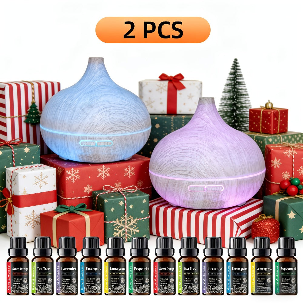 Aroma Diffuser Set 2 Diffusers 6 Essential Oils 550ml Wood Grain Cool Mist Humidifier Soundwave Technology 7-Color Light Timer for Large Room Bedroom Home Office