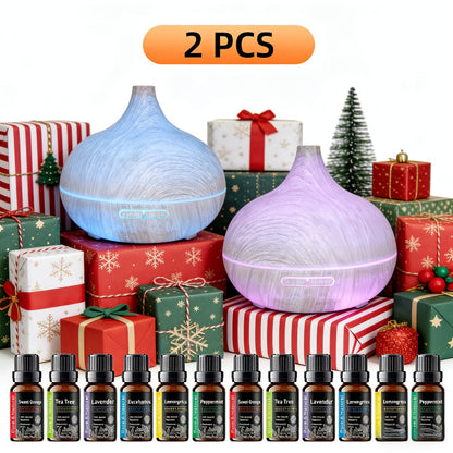 Aroma Diffuser Set 2 Diffusers 6 Essential Oils 550ml Wood Grain Cool Mist Humidifier Soundwave Technology 7-Color Light Timer for Large Room Bedroom Home Office