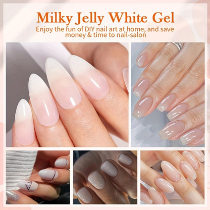 Jelly Gel Nail Polish Translucent 10ml – Glass Nail Look, 30-Day Soak-Off Semi-Permanent UV LED, Milky White Snow Glitter Pink Nude Shades, Buildable Salon Quality for Women