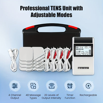 TENS EMS Unit Rechargeable Pain Relief Device, 20 Intensity Levels 48 Modes Electric Muscle Stimulator for Back Neck Shoulder Knee Wrist Pain, 8 Electrode Pads & Carry Case Included