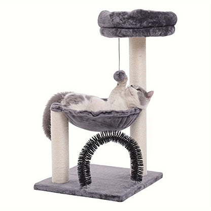 Cat Tree Tower 27.8 Inch Multi-Level - FluffyDream Indoor Cat Tree with Scratching Posts, Plush Basket, Top Perch & Dangling Ball, Sturdy Cat Tower with Grooming Brush for Kittens & Small Cats, Gray