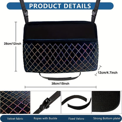 Rhinestone Car Seat Back Organizer & Purse Holder – Bling Crystal Handbag Hanger for Women, Pet Barrier for Dogs & Kids, Universal SUV Truck Car Accessories Gift for Girls