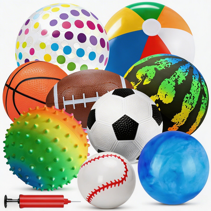 Kids Playground Balls Set 9 Pack with Air Pump – Inflatable Assorted Sports Balls for Outdoor & Indoor Play | Soccer, Basketball, Football, Baseball, Spiky Sensory & Bouncy Balls | Pool Beach Party Favors