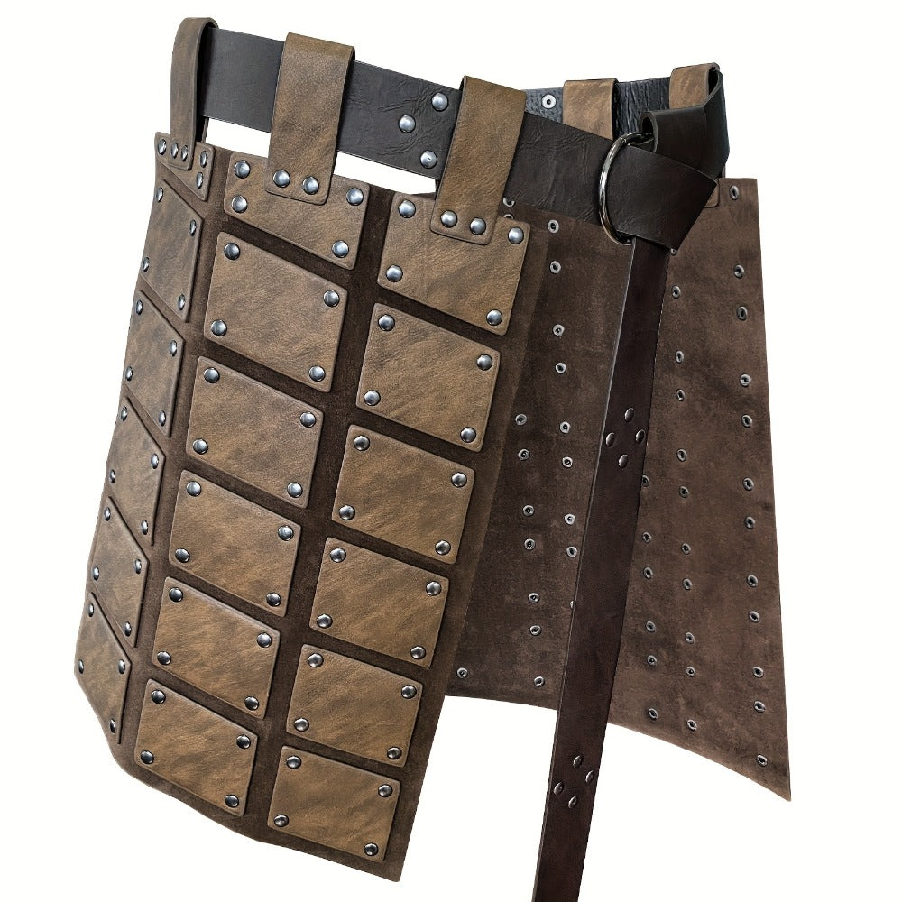 Viking Skirt Armor with Belt for Men & Women – Embossed PU Faux Leather Waist Armor, Nordic Medieval Warrior Costume for Halloween LARP Cosplay Renaissance Fair, Dark Brown & Black