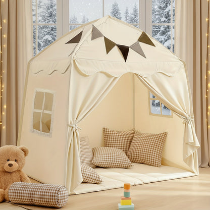 Play Tent for Kids Extra Large – Portable Foldable Teepee Indoor Outdoor Dome Playhouse with Flags, Bed Canopy Reading Nook for Boys Girls, Beige Pink Green Brown Cream 51–59 Inch