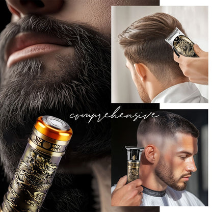 4-in-1 Men's Grooming Kit - Dragon Engraved Hair Clipper, T-Blade Trimmer, Nose Groomer & Shaver, 6000 RPM Motor, USB Rechargeable, LED Battery Display, Perfect Gift for Men
