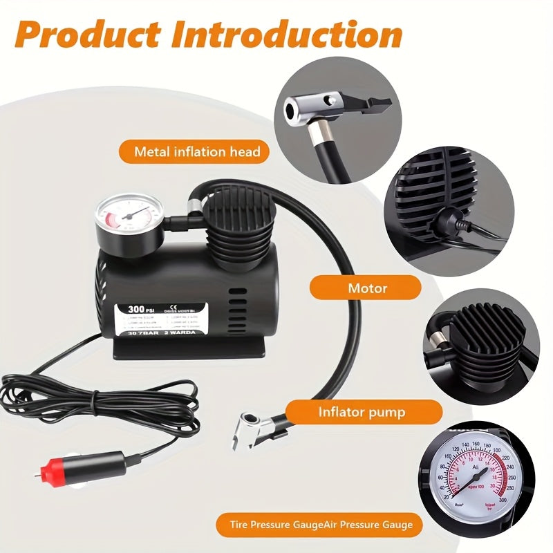 Automatic Electric Pneumatic, 300PSI 12V Mini Compressor Air Pump Electric Tire Air Inflator Pump Mini Air Compressor, Without Battery