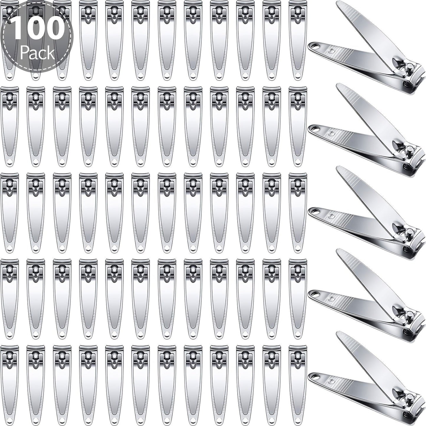 Nail Clippers Bulk 100pcs Stainless Steel — Heavy Duty Concave Blade Pointed Tip Non-Folding Fingernail & Toenail Trimmer for Men & Women Salon Supply Travel Gym Wholesale