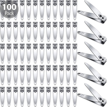 Nail Clippers Bulk 100pcs Stainless Steel — Heavy Duty Concave Blade Pointed Tip Non-Folding Fingernail & Toenail Trimmer for Men & Women Salon Supply Travel Gym Wholesale