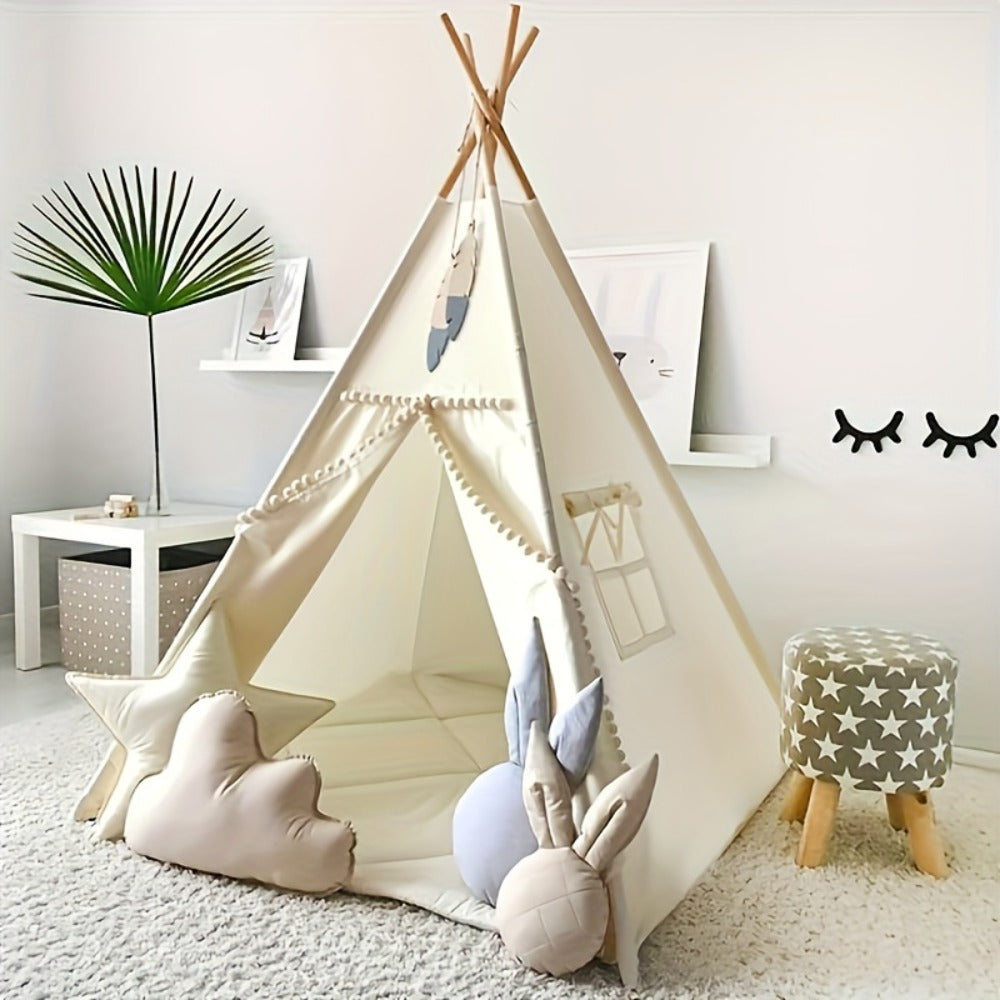 Kids Nordic Style Conical Indoor Play Tent – Teepee Playhouse for Boys & Girls, Beige, No Bottom Pad | Cozy Reading Nook & Imaginative Play Space | Birthday Christmas Gift
