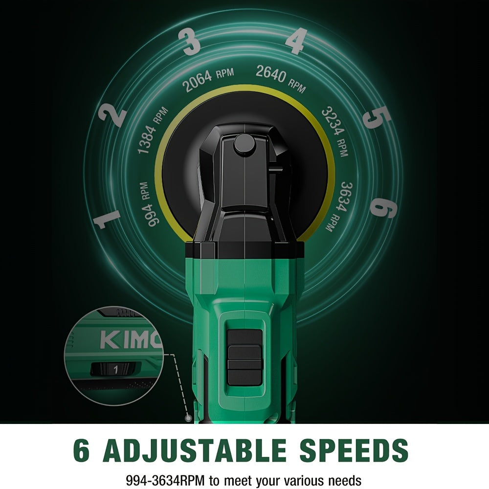 KIMO 20V Cordless Buffer Polisher Kit, 24 Accessories, 2 X 2000mAh Batteries, Car Polisher W/ 6 Variable Speed Up to 3634RPM, Cordless Polisher for Car Detailing Waxing Polishing Scratch Removing Bathroom Cleaning