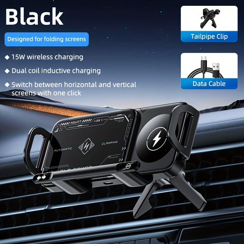 Wireless Charging Phone Holder Car Mount for Folding Screen/Universal Smartphone, 90° Rotating Car Mount Output Power 15W, Super Stable Air Vent Cell Phone Car Mount with Hook Clip, One Button Release for iPhone, Samsung, Google, and Other Smartphone