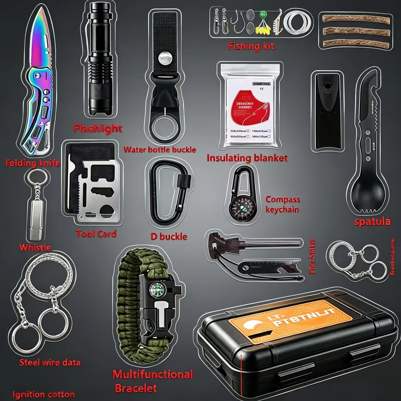 Outdoor Survival Kit 12-115 Piece – Emergency Gear Set for Camping, Hiking & Survival, Multi-Tool Equipment for Men, Dad, Husband – Unique Outdoor Gift Idea