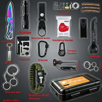 Outdoor Survival Kit 12-115 Piece – Emergency Gear Set for Camping, Hiking & Survival, Multi-Tool Equipment for Men, Dad, Husband – Unique Outdoor Gift Idea