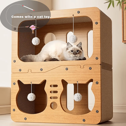 Cat Scratcher House Cardboard Cat Bed with Feather Wand Toy – Indoor Outdoor Cat Hideout for Scratching, Hiding & Resting, Ventilated Cat House with Plush Ball Toys, Multiple Sizes