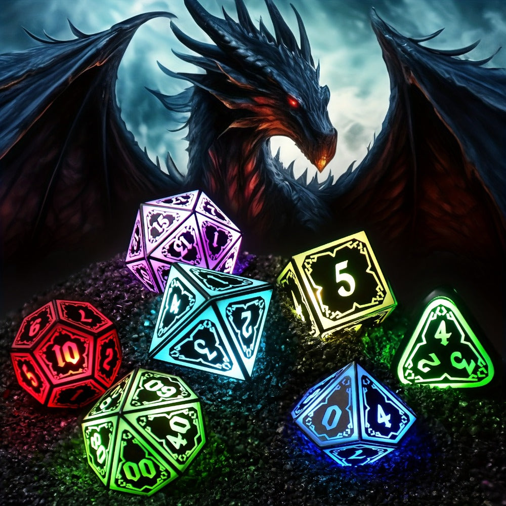 Glowing DnD Dice Set with Wireless Rechargeable Charging Case – 7-Piece LED Light Up Polyhedral Dice D4 D6 D8 D10 D12 D20 for Dungeons & Dragons, Pathfinder & Tabletop RPG, 6-Hour Battery, Mixed Blue Purple, Unique Gamer Gift