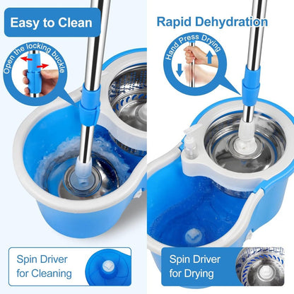 360 Spin Mop and Bucket Set with Wringer - Stainless Steel Extended Handle Spinning Mop Bucket System with Microfiber Mop Refills for Hardwood, Tile & Laminate Floor Cleaning, Black Blue Pink Red