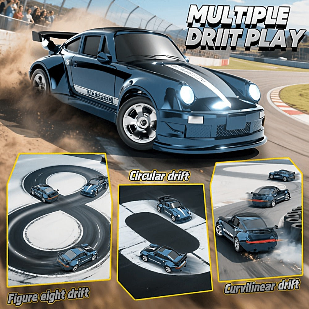 RC Drift Car 1/64 Scale 4WD with LED Lights – High-Speed Remote Control Racing Sports Car, Desktop Mini RC Toy for Boys Kids Teens, Birthday Christmas Gift Black Blue