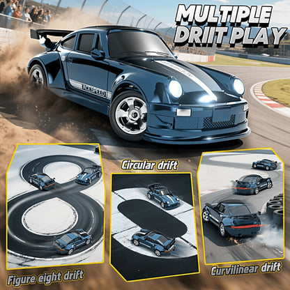 RC Drift Car 1/64 Scale 4WD with LED Lights – High-Speed Remote Control Racing Sports Car, Desktop Mini RC Toy for Boys Kids Teens, Birthday Christmas Gift Black Blue