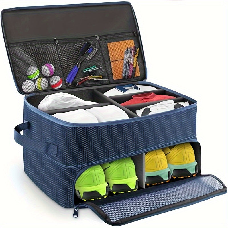 Golf Organizer Storage Box with Compartments and Mesh Pockets Durable Golf Accessory Case for Golf Balls Shoes Gloves Tees and Essentials