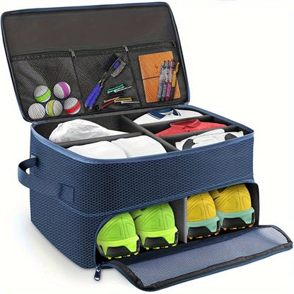 Golf Organizer Storage Box with Compartments and Mesh Pockets Durable Golf Accessory Case for Golf Balls Shoes Gloves Tees and Essentials