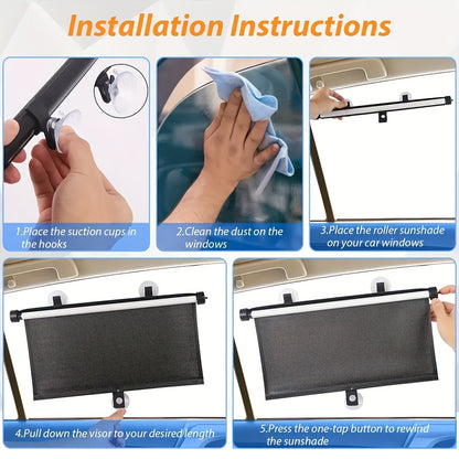 Set of 2 Car Window Curtains with One-Click Storage, Made of PVC in Black. These Retractable Side Curtains Are Easy to Install And Effectively Block UV Rays And Intense Sunlight. They Serve As Anti-Glare Heat Shields