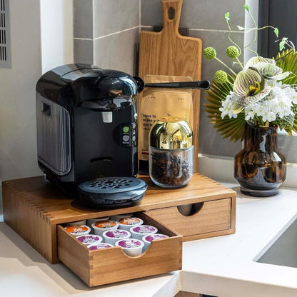 Coffee Machine Stand with K-Cup Storage Rack – Wooden Countertop Coffee & Tea Organizer with Drawer, Holds 30 Boxes of K-Cups or Tea Bags, Coffee Bar Station Organizer for Home & Office – Wood Color