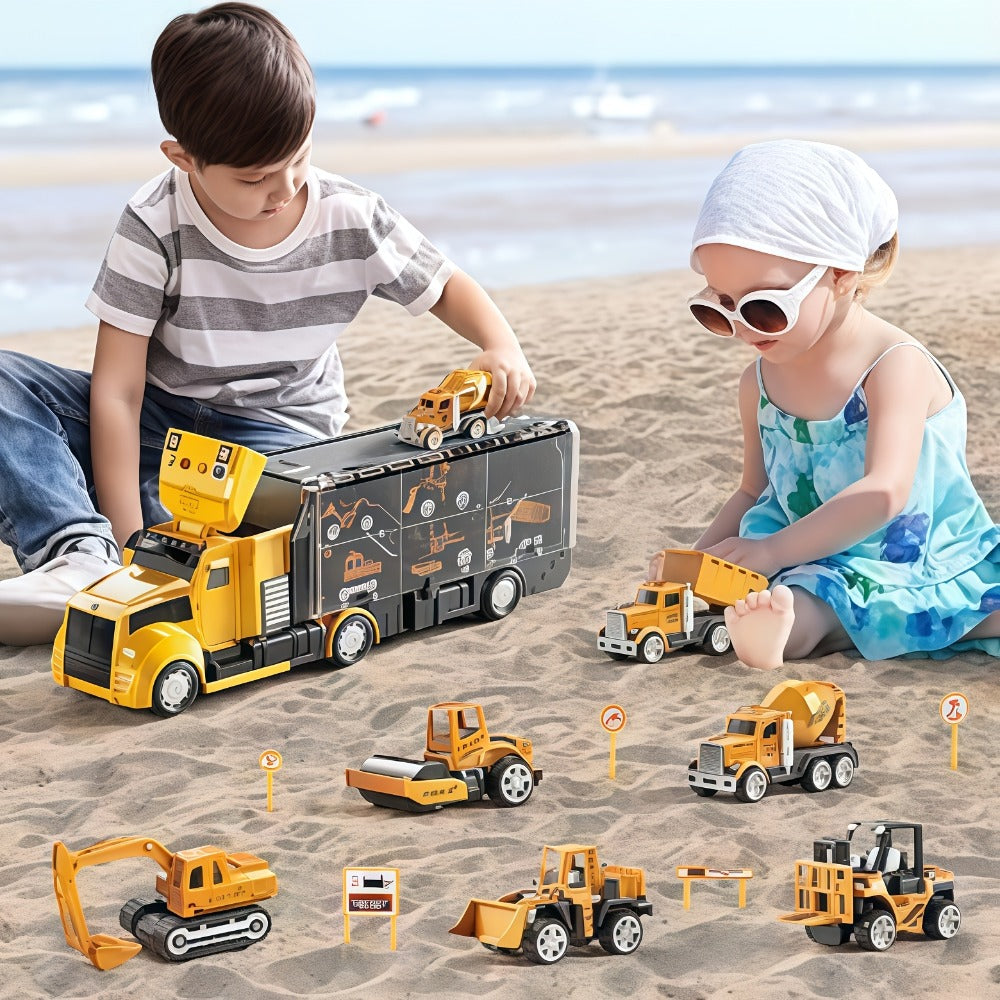 Diecast Construction Truck Toy Set 7-in-1 for Kids Ages 3-9 – Excavator, Bulldozer, Dinosaur Car, Race Cars, Boys & Girls Birthday Easter Gift