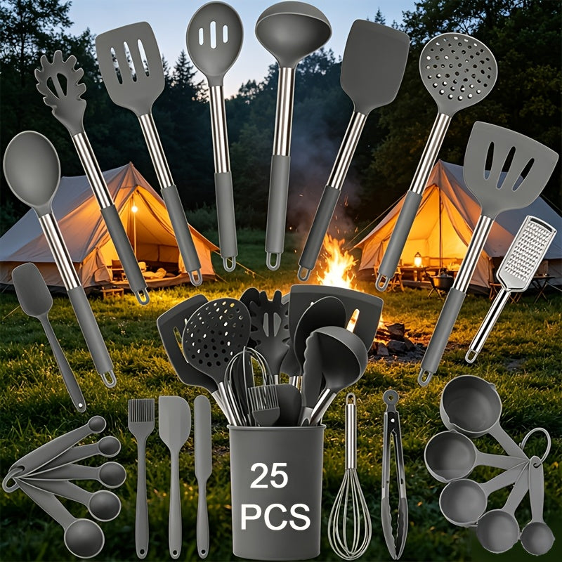 Silicone Kitchen Utensils Set 25pcs Nonstick Cooking Utensils with Stainless Steel Handle Food-Grade Silicone Spatulas Spoons Tongs Complete Kitchen Tool Set for Indoor Outdoor Cooking Grey Black Coffee