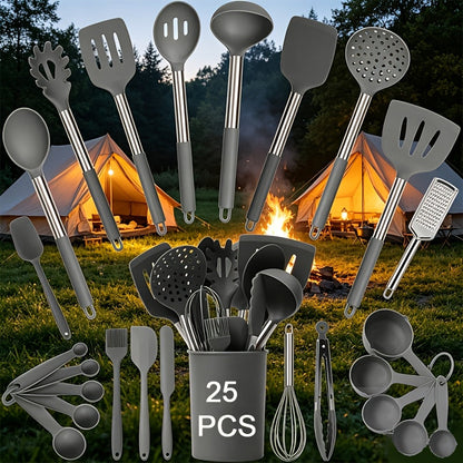 Silicone Kitchen Utensils Set 25pcs Nonstick Cooking Utensils with Stainless Steel Handle Food-Grade Silicone Spatulas Spoons Tongs Complete Kitchen Tool Set for Indoor Outdoor Cooking Grey Black Coffee