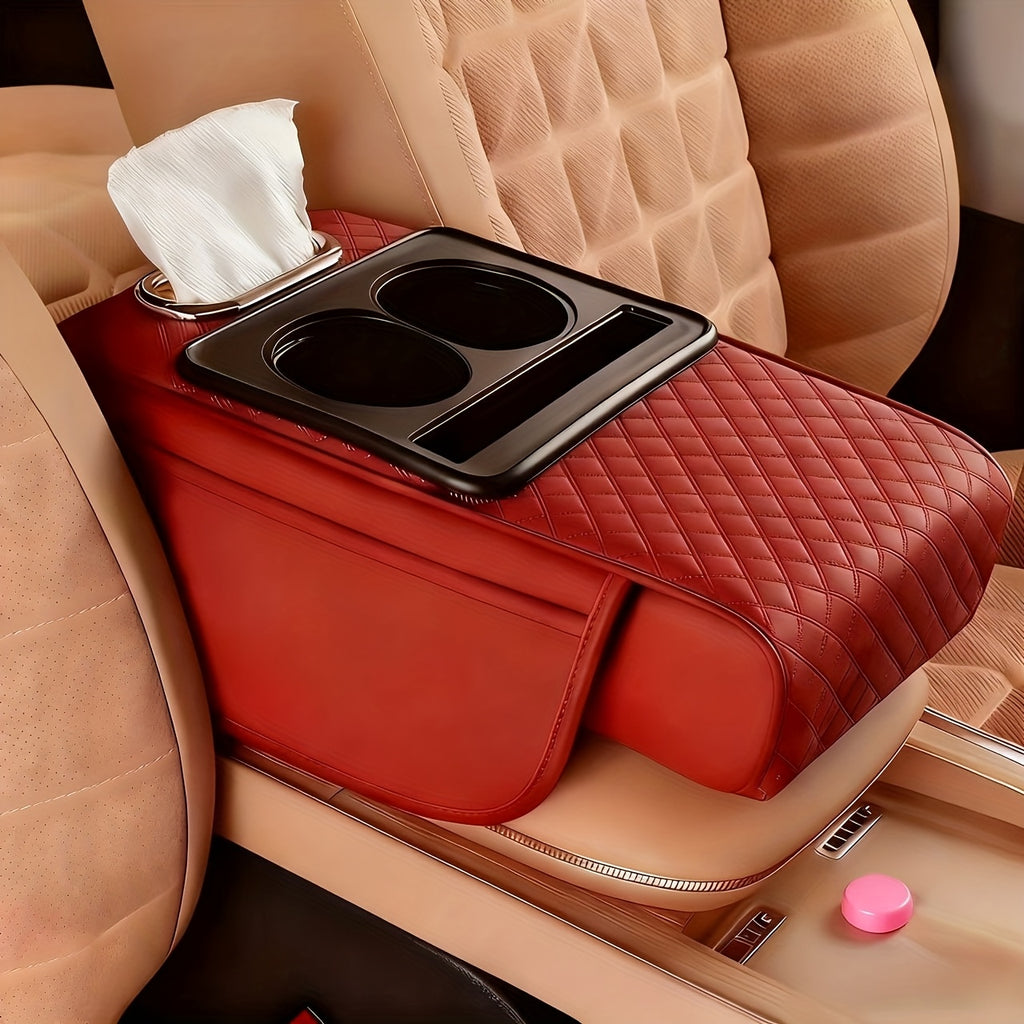 Universal Car Armrest Box Cover, PU Leather Center Console Mat with 2 Side Pockets + 2 Cup Holders + Multi-Functional Tissue Storage Space, Suitable for Phone/Water Bottle/Cards, Compatible with Most Car Models, Car Accessories, Women's Car