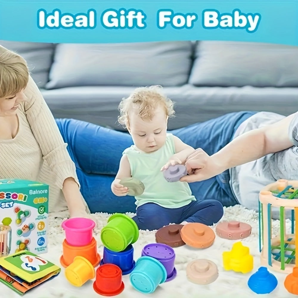 Sensory Stacking Toy Set 3-in-1 for Toddlers & Babies – Hand-Eye Coordination & Fine Motor Skills Activity Kit with Soft Cloth Book, Spinning Top & Stacking Cups, Birthday Easter Baby Shower Gift