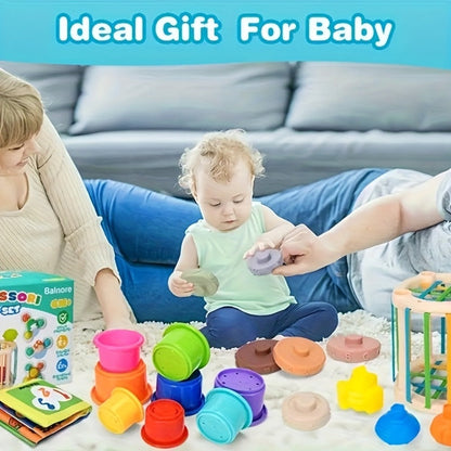 Sensory Stacking Toy Set 3-in-1 for Toddlers & Babies – Hand-Eye Coordination & Fine Motor Skills Activity Kit with Soft Cloth Book, Spinning Top & Stacking Cups, Birthday Easter Baby Shower Gift