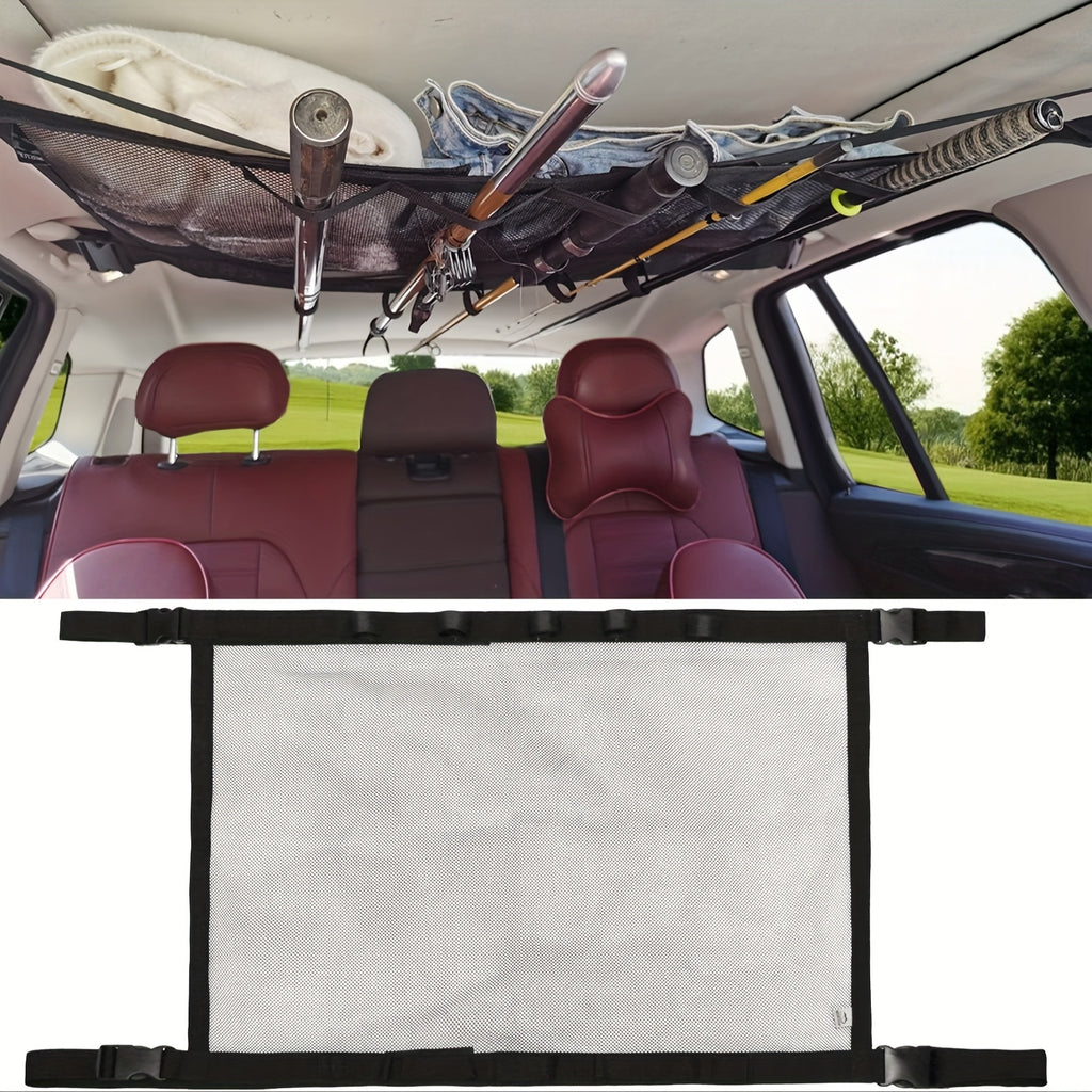 Durable Car Ceiling Mesh Organizer - Easy Install, Space-Saving, Adjustable Straps for SUV, Truck, Van - Fishing Rods Fabric Vehicle Roof Storage Net for Fishing Rods, Ski Poles And Long Gear, Easy Installation.