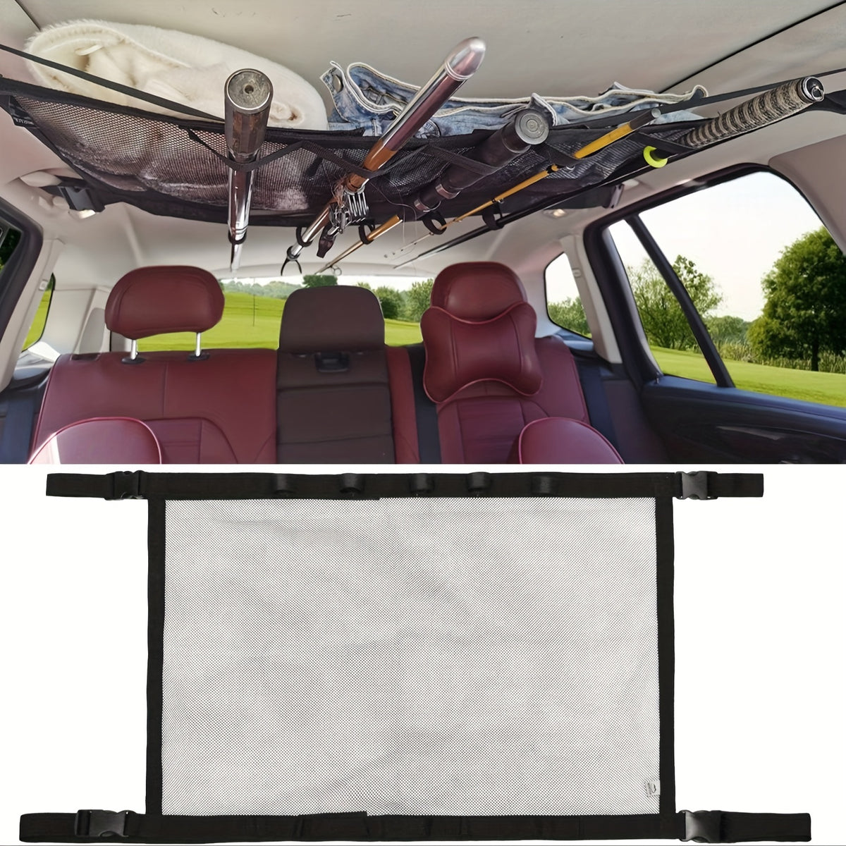 Durable Car Ceiling Mesh Organizer - Easy Install, Space-Saving, Adjustable Straps for SUV, Truck, Van - Fishing Rods Fabric Vehicle Roof Storage Net for Fishing Rods, Ski Poles And Long Gear, Easy Installation.