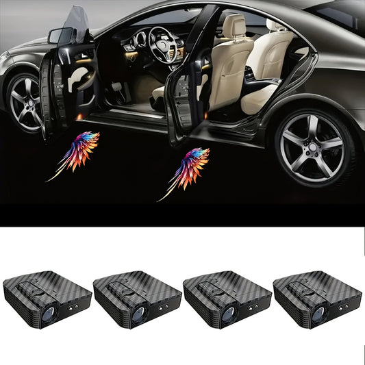 4pcs Colorful Angel Wings Car Door Welcome LED Projector - Vivid LED Lights for Cars, Motorcycles, Etc., Battery Powered, Easy to Install, Car Decorative Lights | Decorative Angel Wings Car Door Sign Light, Without Battery