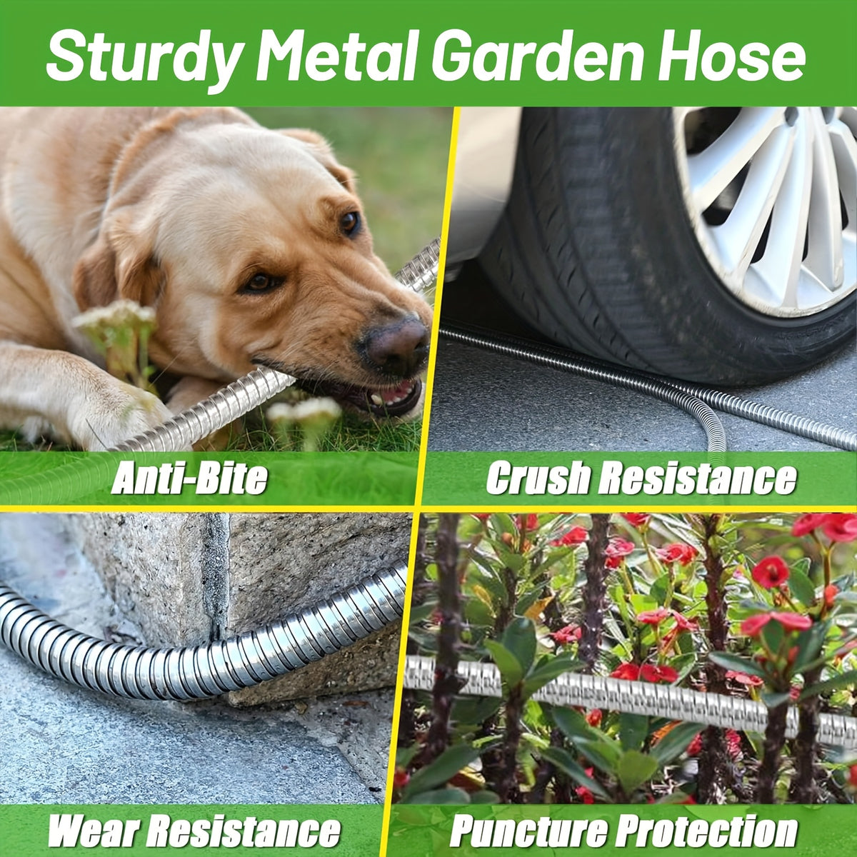 25/50/75/100ft Heavy Duty Stainless Steel Water Hose - Kink-Free High Pressure Flexible Metal Garden Hose Suitable for Car Wash, Dog Proof with 2 Nozzles, Trusted by Professionals & Pet-Resistant for Outdoor/Commercial Use