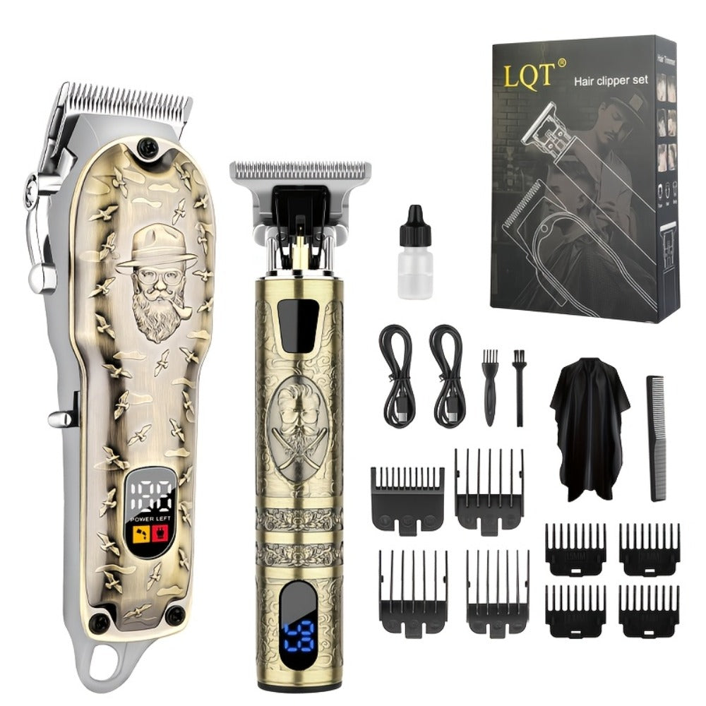 Electric Hair Clipper Set for Men - LQT USB Rechargeable 2000mAh with Engraving Scissors Metal Digital Display Cordless Barber Kit 2 3 4 Piece Home Salon Bronze Gift
