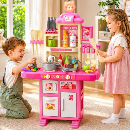 Pretend Play Kitchen Playset with Lights & Sounds – Interactive Toy Kitchen Accessories for Toddlers Ages 3+ – Indoor Kids Cooking Set Christmas Birthday Holiday Gift